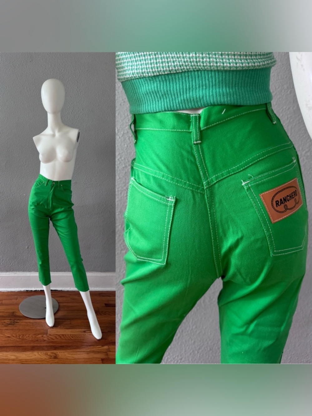 Vintage 70s Green High Rise Pedal Pushers Capri Jean Pants XS